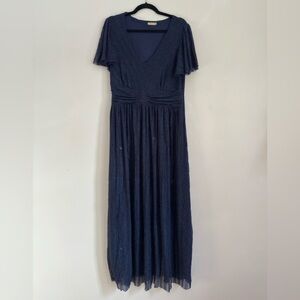 Zomva Navy Blue Metallic Pinstripe Pleated Maxi Dress V-Neck Flutter Sleeve 0XL